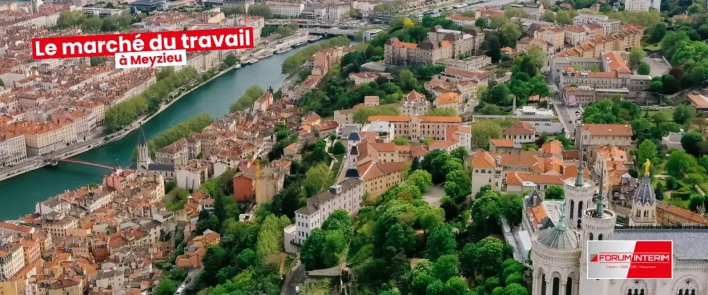 Vue panoramique de Meyzieu avec ses bâtiments industriels et son environnement urbain.