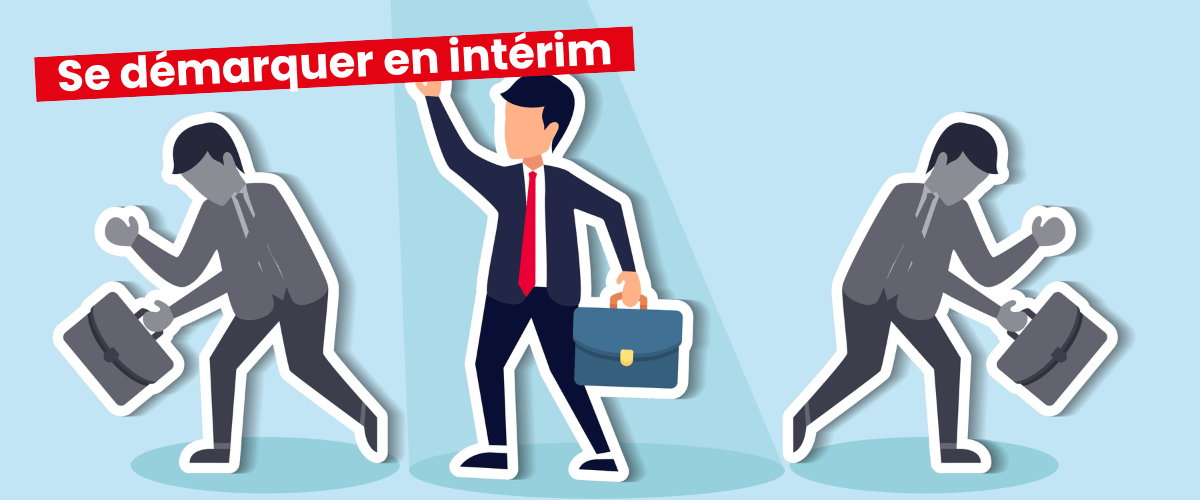 Illustration d'une personne se démarquant des autres candidats en intérim, tenant une mallette.